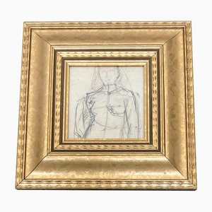 Abstract Female Nude, Pencil Drawing, 1970s, Framed