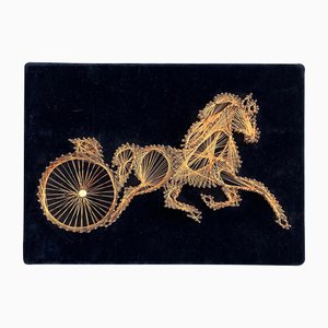 Vintage Copper Wire String Art Horse Trotter Sulky Velvet Plaque, 1970s