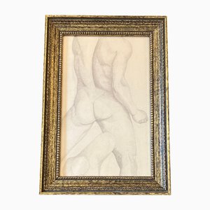 Estudio de desnudo masculino, siglo XX, Carbón sobre papel, enmarcado