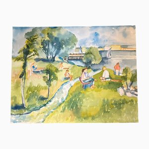 Sailboat with Figures in Park, 1980s, Watercolor on Paper