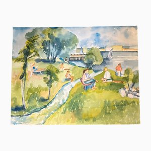 Voilier avec Personnages dans le Parc, 1980s, Aquarelle sur Papier