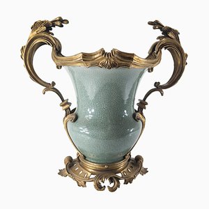 Late 20th Century Chinoiserie Celadon Green and Bronze Mounted Vase, 1997