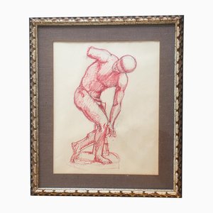 Male Life Drawing, 1950s, Linen on Paper, Framed