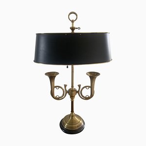 Mid 20th Century Brass Horn Bouillotte Lamp with Black Tole Shade