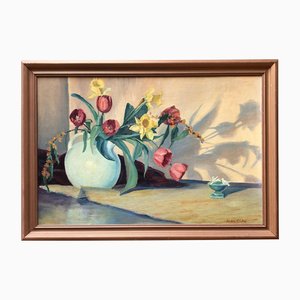Tulips and Daffodils, Painting on Canvas, Framed