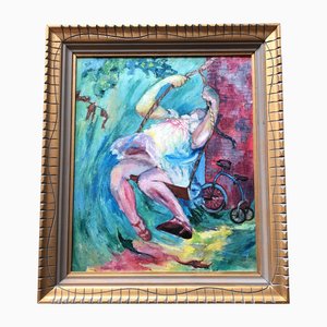 Chica en columpio con bicicleta, años 70, pintura sobre lienzo, enmarcado