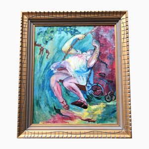 Girl on Swing with Bike, 1970s, Painting on Canvas, Framed