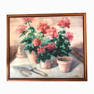 Still Life with Geraniums, 1980s, Painting on Canvas