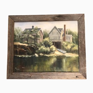 Boathouse Landscape, anni '70, dipinto su tela, con cornice