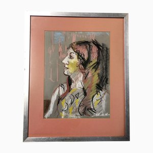Retrato femenino, años 70, Obra de arte en papel, Enmarcado