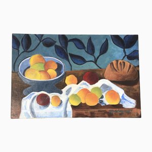 Mesa de naturaleza muerta con fruta y pan, años 90, Pintura sobre lienzo