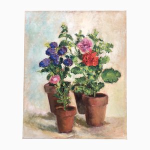 Potted Flowering Plants, 1970s, Painting on Canvas