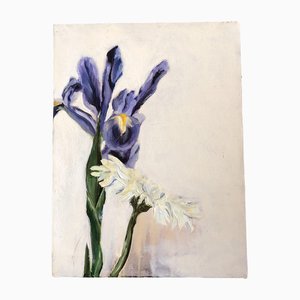 Natura morta floreale con iris, anni '90, dipinto su tela