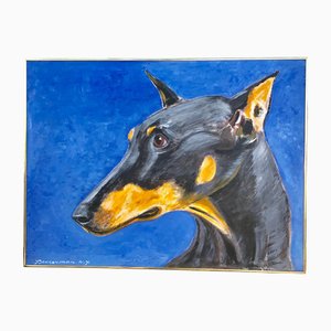 Retrato de perro Doberman Pincher grande, años 80, pintura en lienzo
