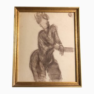 Dibujo de estudio de la vida desnudo de mujer, años 50, tiza marrón, enmarcado