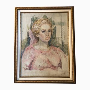 Portrait de Femme, 1960s, Peinture sur Toile, Encadré