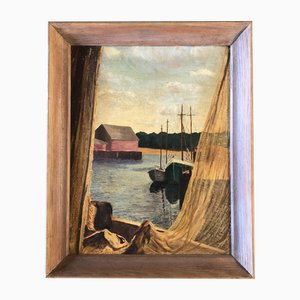 Florence Neil, Seaport, años 50, pintura sobre lienzo, enmarcado
