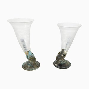 Nahe Bronze & Glas Hirschförmige Füllhorn Vasen, 19. Jh., 2er Set
