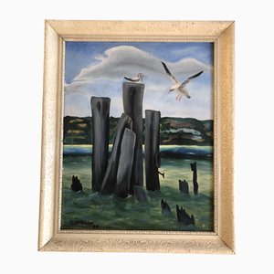 Beach with Seagulls Scene, 1930s, Painting on Canvas, Framed
