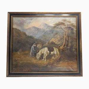 Artista inglés o alemán, Paisaje con el hombre y su caballo, 1870, óleo sobre lienzo