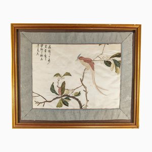 Panel chino de ave del paraíso bordado en seda, siglo XX