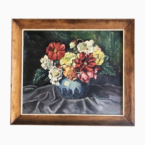 Giacona, Modernist Still Life with Flowers, 20th Century, Painting on Canvas, Framed