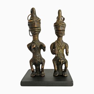 Antike Doppel Ogboni Edan Stabfiguren aus Bronze, 1890er, 2er Set