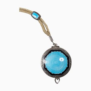 Early 20th Century Baby Blue Guilloche and Black Enamel Sterling Silver Locket