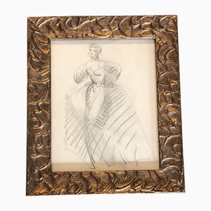 Female Fashion Study Drawing, 1950s, Charcoal on Paper, Framed
