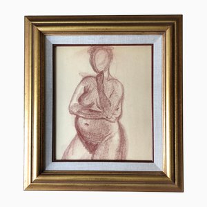 Abstract Female Nude, 1950s, Crayon and Linen on Paper, Framed
