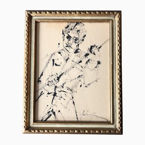 Drawing Man with Pole, 1970s, Ink on Paper, Framed