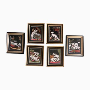 Cats Playing, 1930s, Chromolithographs, Framed, Set of 6