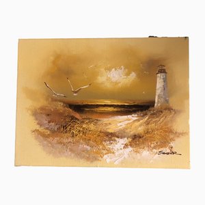 Seascape Painting with Lighthouse and Seagulls, 1960s, Painting on Canvas
