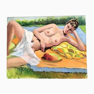 Female Nude in Landscape, 1970s, Paint, Framed