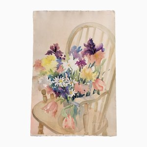 Natura morta con fiori su sedia, anni '70, acquerello su carta