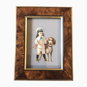 Original Vintage Small Girl with Dog Chromosome Litho Victorien Découpe Encadrée