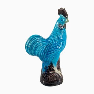 Figura de gallo chino esmaltado en turquesa y morado de principios del siglo XX