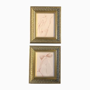 Estudios de desnudos femeninos, dibujos en sepia, años 80, enmarcado, Juego de 2
