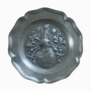 Vintage European Pewter Wall Plate with Coat of Arms