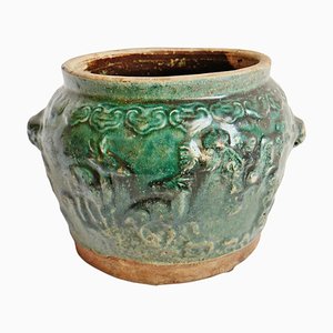 Maceta antigua de cerámica verde azul
