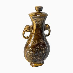 Vase Archaïque Vintage en Pierre Oeil de Tigre Sculpté, Chine