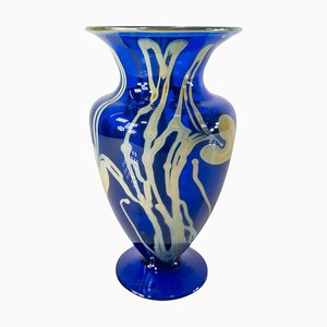 Vase Art Moderne en Verre Bleu, 1984