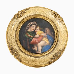 Plaque En Porcelaine Peinte Perlin Début 20e Siècle Attribuée à Raphaels Madonna Della Sedia