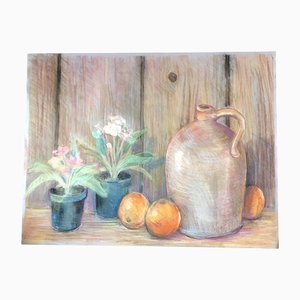 Still Life with Fruit, Flowers & Pot, 1970s, Pastel Drawing