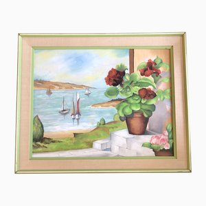 Still Life with View of Sailboats, 1970s, Painting on Canvas, Framed