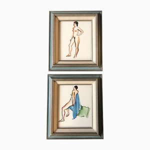 Female Nudes, Watercolors, 1970s,Set of 2