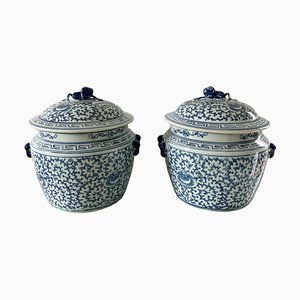 Chinese Blue and White Porcelain Covered Jars with Foo Dog Finials, Set of 2