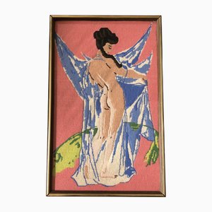 Nudo femminile originale fatto a mano, anni '70, ad ago, con cornice