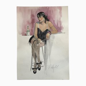 Female Bar Scene Portrait, 1980s, Watercolor on Paper