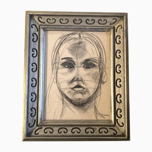 Portrait de Femme, 1960s, Fusain sur Papier, Encadré